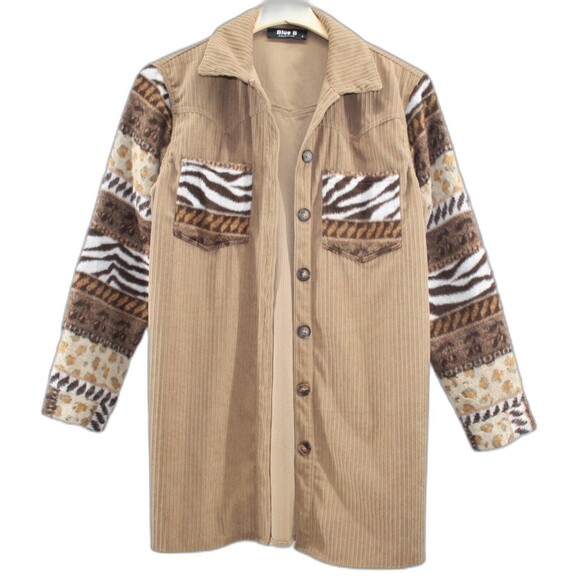 Safari Shacket Womens Small Jacket Corduroy Mixed Media Animal Print Button Up - Picture 1 of 7